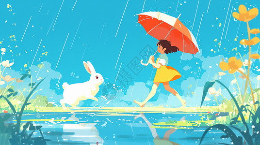 可爱卡通小女孩与宠物小白兔背景图片