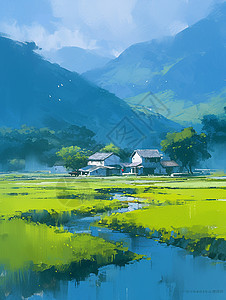 春天野外绿色草地上一座卡通小村庄背景图片