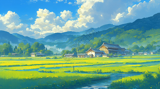 春天绿色草地上一座卡通小村庄背景图片