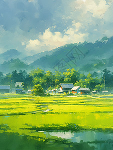 春天野外草地上一座卡通小村庄背景图片