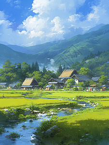 野外草地上一座卡通小村庄背景图片
