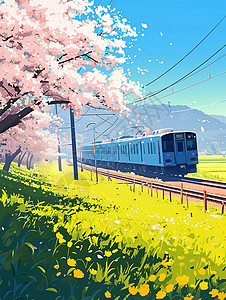 春天一辆开在田野间的火车背景图片