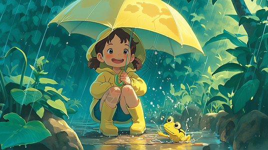 穿着雨鞋撑着伞坐在雨中赏雨玩耍的开心笑的卡通小女孩高清图片