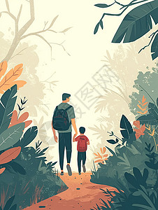 走在森林散步的卡通父子背景图片