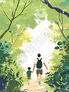 散步父子手拉着手走在森林散步的卡通父子插画