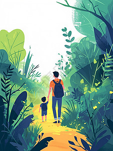 父子散步手拉着手走在森林散步的父子插画