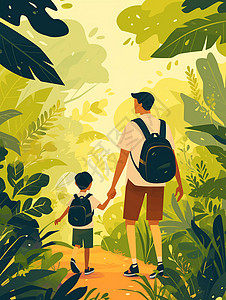 父子散步背着书包手拉着手走在森林中小路上的卡通父子背影插画