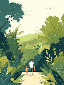 背着书包背影背着书包手拉着手走在森林中小路上的父子背影插画