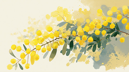 黄色树枝花朵春天一株黄色盛开的卡通花朵插画插画