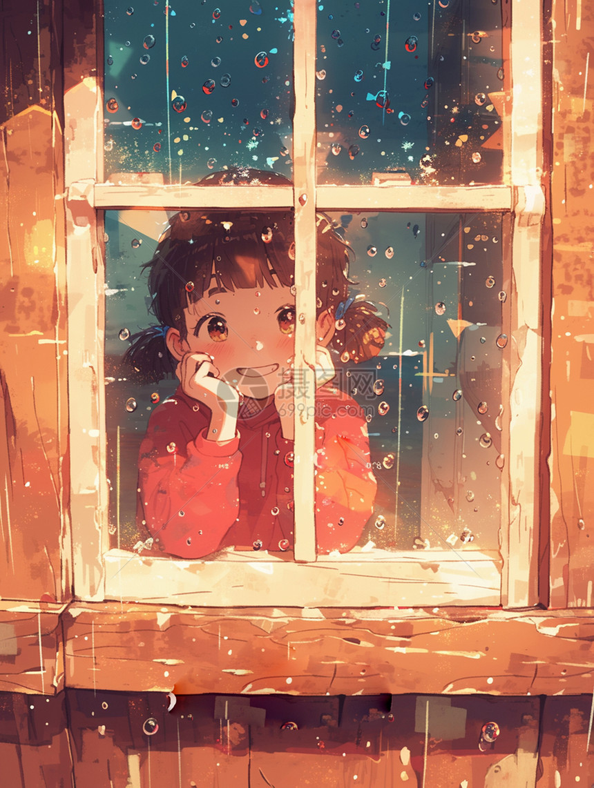 趴在窗边开心赏雨的可爱小女孩图片
