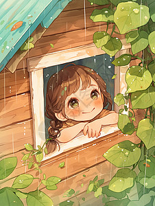 窗户雨趴在想小木屋窗边面带微笑赏雨的卡通小女孩插画