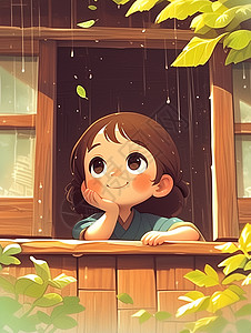 趴在窗边趴在想小木屋窗边面带微笑赏雨的可爱小女孩插画