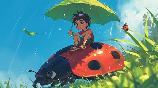打雨伞男孩可爱的小男孩手拿着雨伞坐在七星瓢虫背上开心笑插画