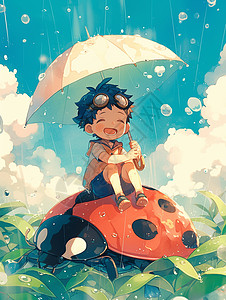 打雨伞男孩可爱的卡通小男孩手拿着雨伞坐在七星瓢虫背上开心笑插画