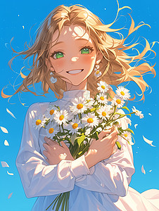 在野外怀抱着花束开心笑的卡通女孩背景图片