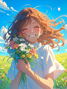 春天在野外怀抱着花束开心笑的卡通女孩背景图片