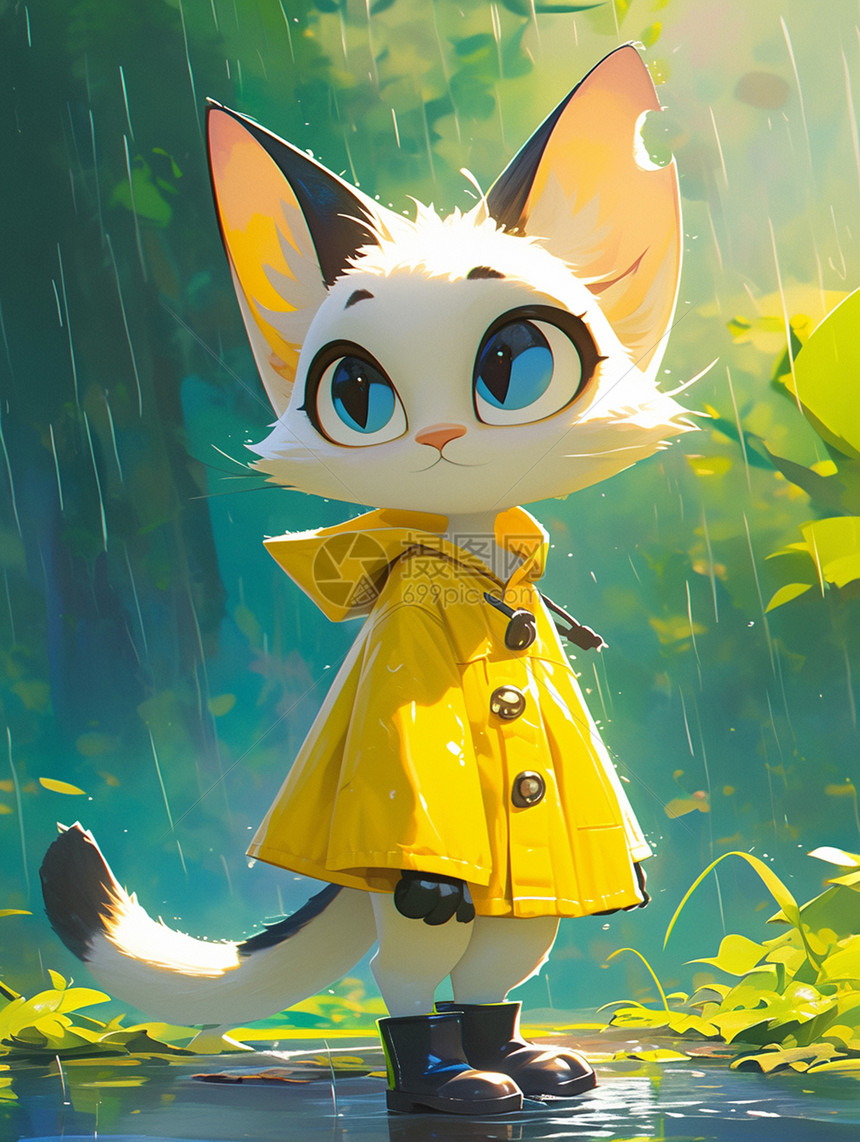 穿着黄色雨衣在雨中的可爱卡通小花猫图片