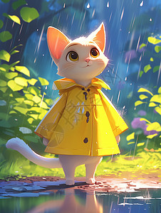 穿着黄色雨衣在雨中的可爱小花猫背景图片