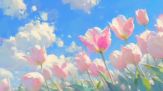 一束朵玫瑰蓝天白云下一束粉色手绘风卡通郁金香插画