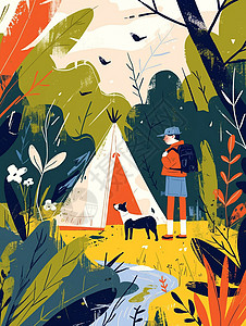 男孩背着戴着宠物狗去露营徒步旅行背景图片