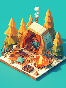 在森林中一座卡通露营帐篷背景图片