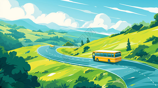 柏林春天园小路春天在山坡小路上行驶着一辆卡通小巴士车插画