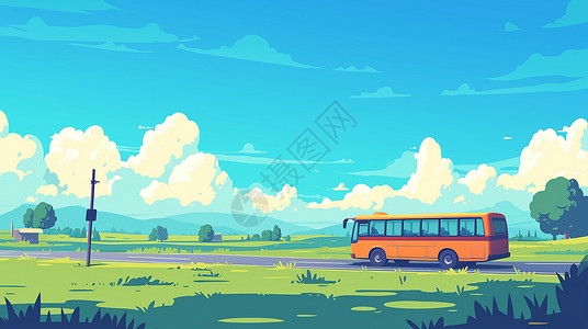 卡通车行驶在山坡上行驶着一辆小巴士车插画
