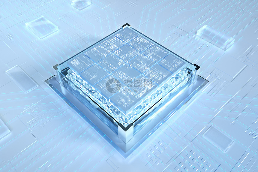 3D立体淡蓝色玻璃金属质感科技芯片背景图片