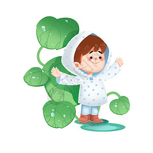儿童雨衣绿色可爱小女孩雨衣绿叶春天插画人物插画