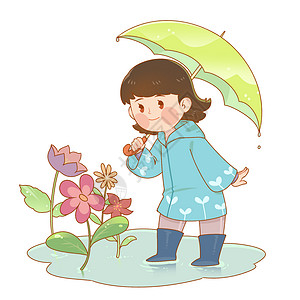 绿色可爱小女孩雨伞小花春天插画高清图片