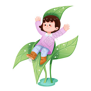 鲜虾滑绿色可爱小女孩绿叶滑滑梯春天插画人物元素插画