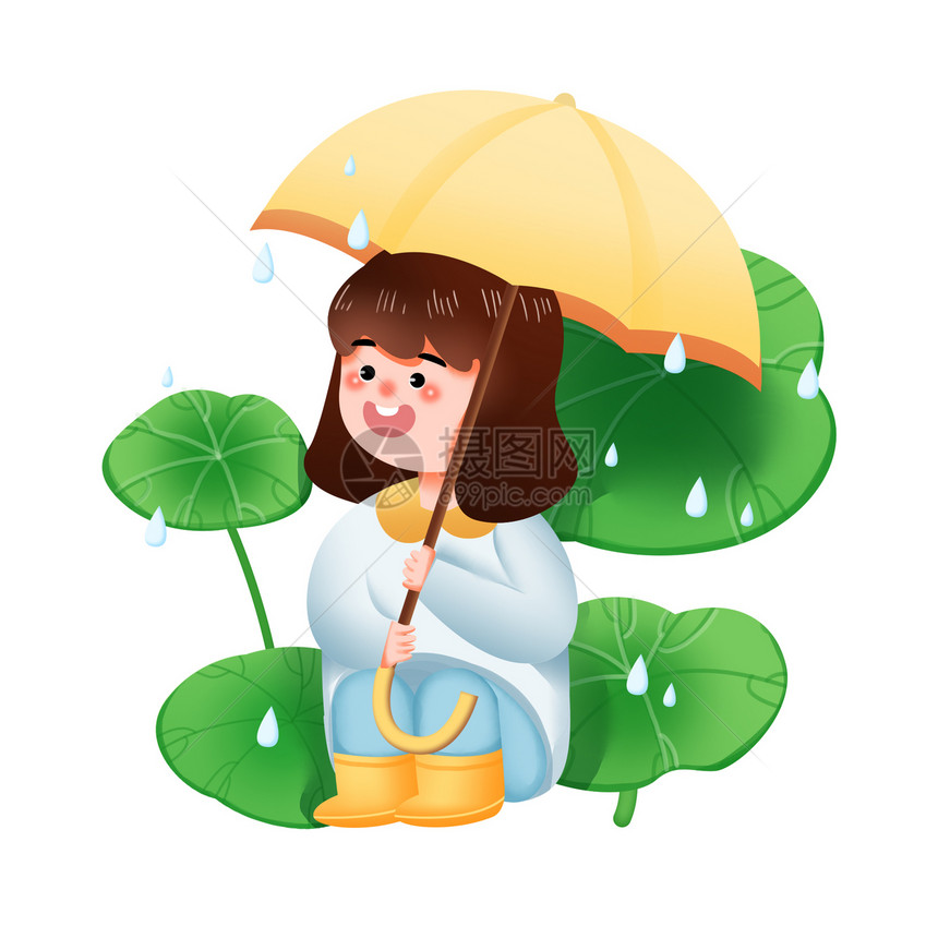 绿色可爱小女孩雨伞蹲着春天插画人物元素图片