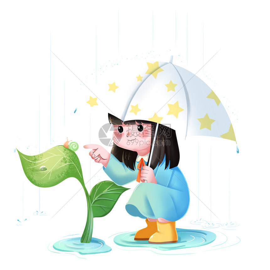 绿色可爱小女孩蹲着拿雨伞春天插画人物元素图片