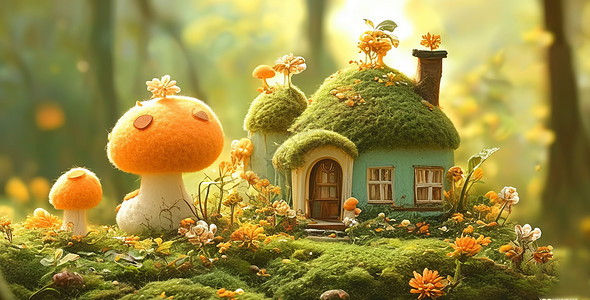 绿草蘑菇春天开着野花的山坡上一座披着绿草的卡通羊毛毡小房子插画