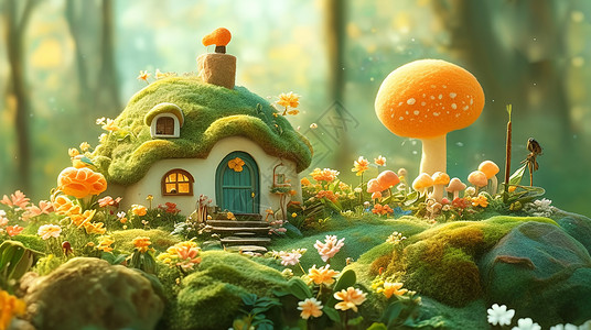蘑菇房子春天开着野花的山坡上一座披着绿草的羊毛毡小房子插画