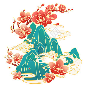 绿色中国风主图绿色可爱梅花植物春天插画人物元素插画