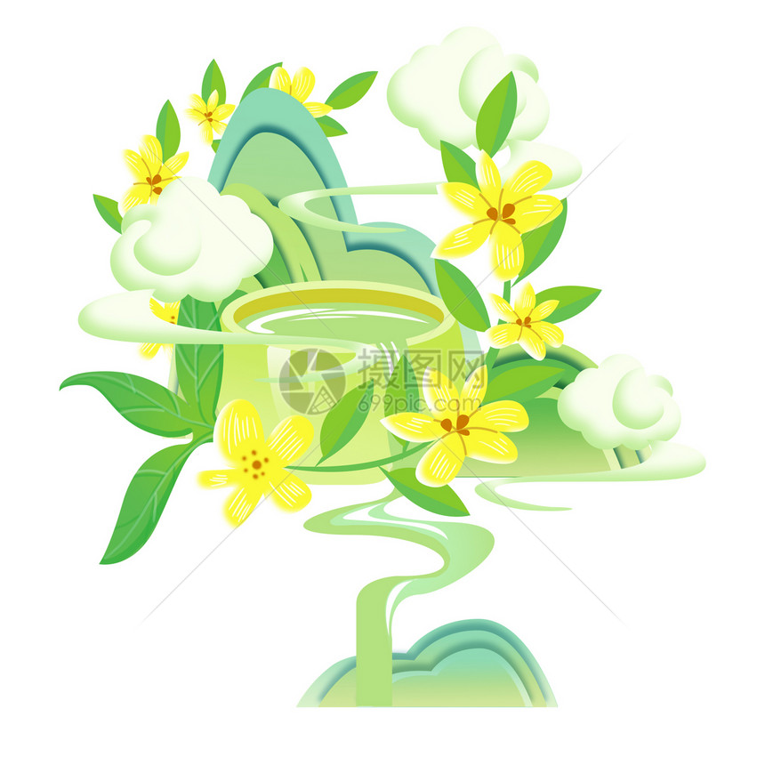 绿色可爱植物水井春天插画人物元素图片