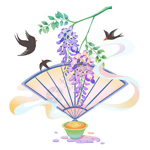 扇子中国风绿色可爱植物扇子燕子春天插画人物元素插画