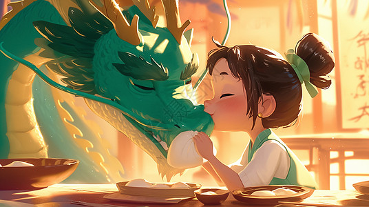 小女孩吃饭古风可爱的卡通小女孩与绿色巨龙吃包子插画