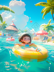小女孩游泳在游泳池开心游泳的可爱卡通小女孩插画