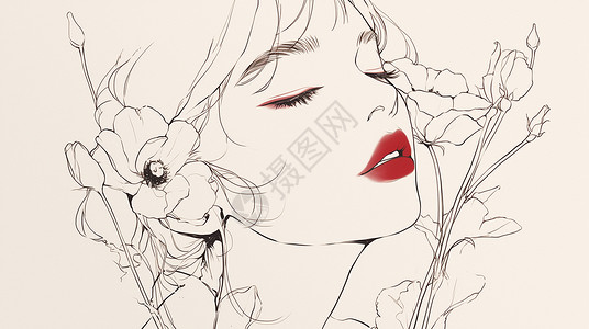 手绘红唇线稿手绘风卡通女孩与花朵插画