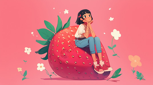 草莓红色水果可爱的小女孩坐在大大的红色卡通草莓上插画