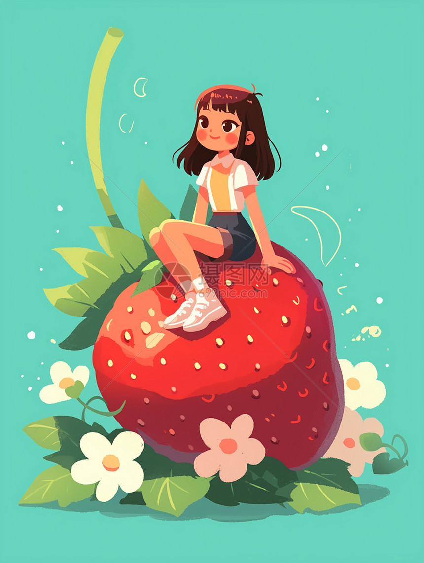 卡通小女孩坐在大大的红色卡通草莓上图片