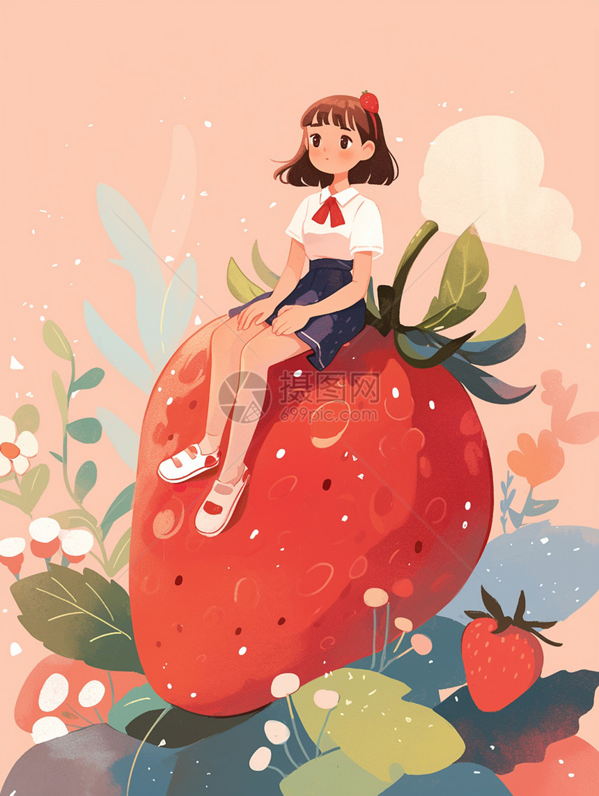 可爱的卡通小女孩坐在大大的红色草莓上图片
