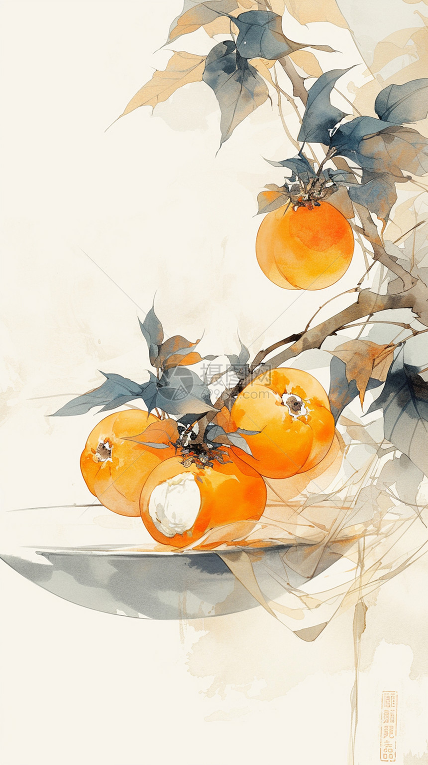 很多美味诱人的橙色果实挂在树上图片