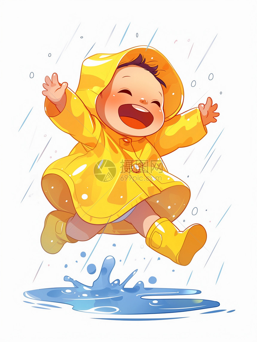 穿着黄色雨衣在雨中开心奔跑的卡通小孩图片