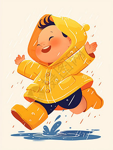 雨中送餐穿着黄色雨衣在雨中开心奔跑的小孩插画