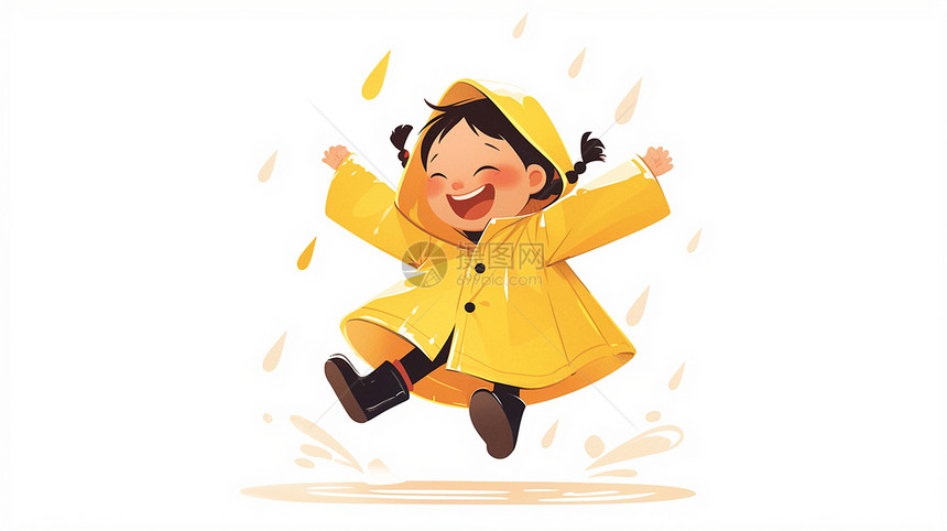 穿着雨衣在雨中开心跳水坑的卡通小朋友图片