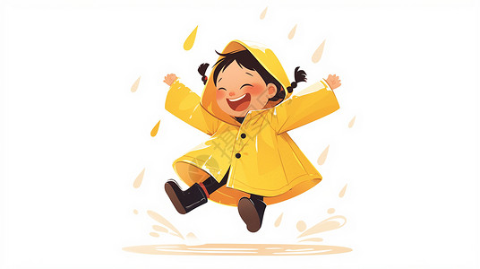 雨中奔跑的男孩穿着雨衣在雨中开心跳水坑的卡通小朋友插画