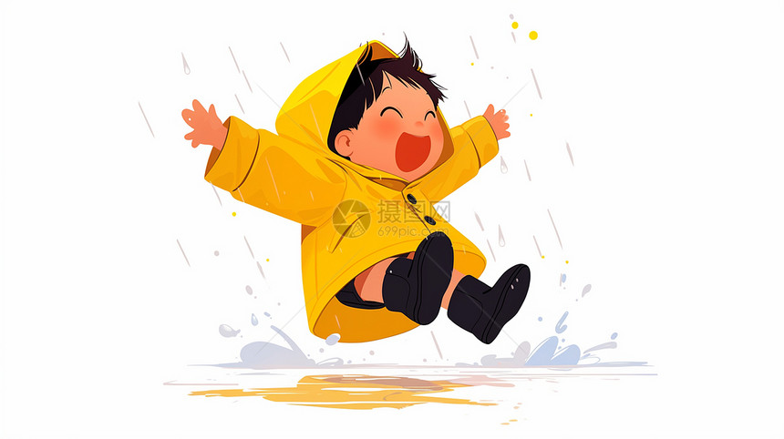 穿着黄色雨衣在雨中开心跳水坑的小朋友图片